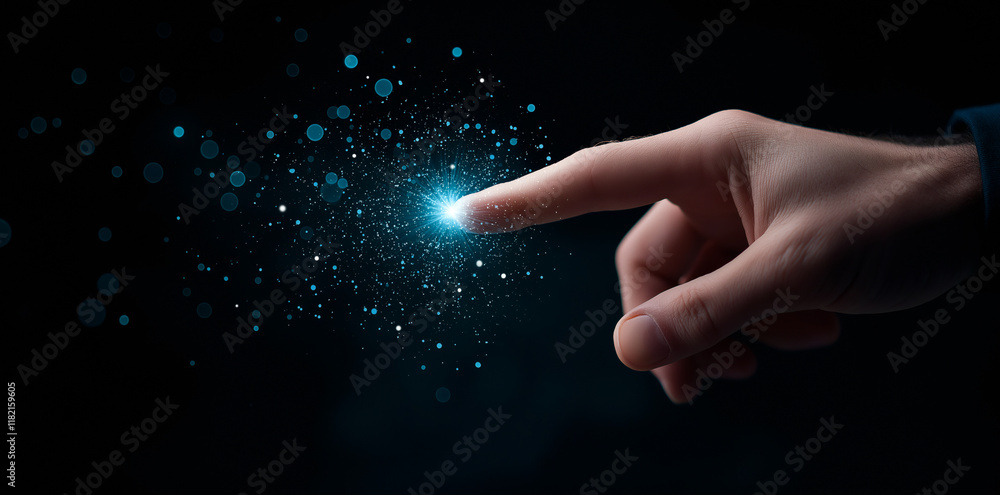 Poster close up of hand reaching out to touch glowing spark, creating magical effect. scene is filled with 