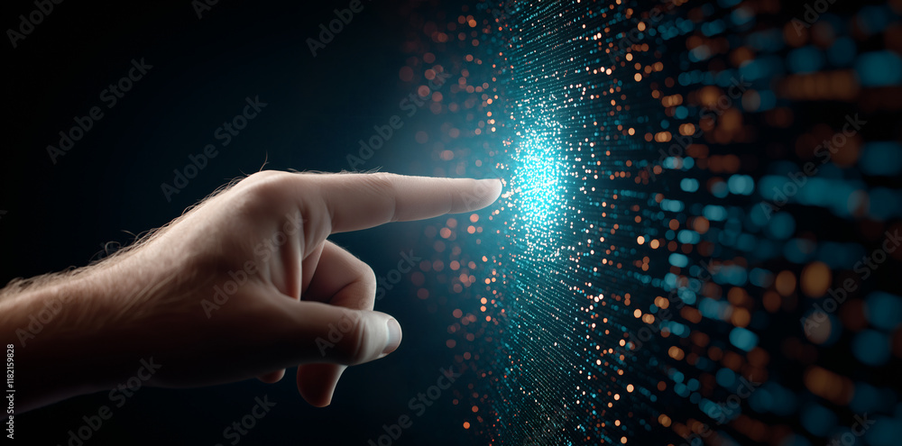 Poster human hand reaching towards glowing digital interface, symbolizing technology and connection. vibran