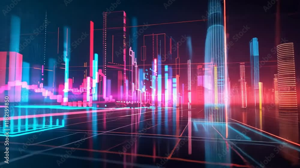 Poster futuristic cityscape with neon lights and digital architecture, showcasing vibrant colors and abstra