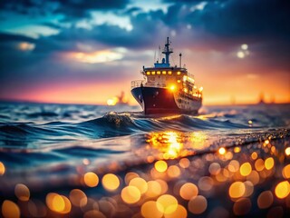 Stranded Ship at Sea Night Lights Bokeh - Dramatic Ocean Scene Stock Photo