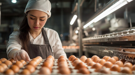 Young woman carefully arranging eggs on a tray in a commercial kitchen setting