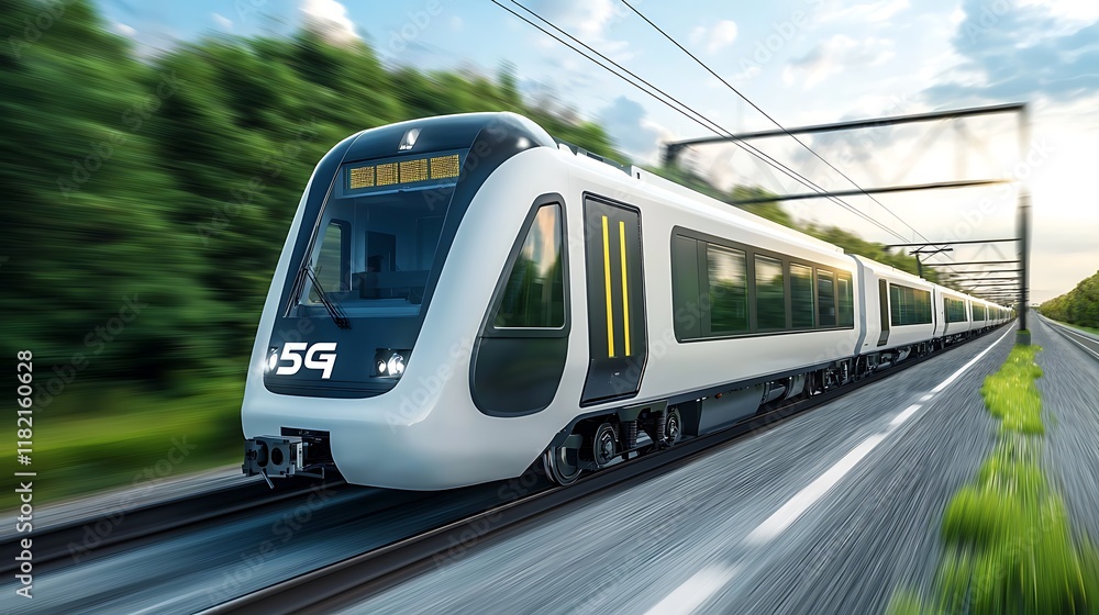Poster futuristic 5g powered autonomous trains revolutionize seamless commuter transport with advanced iot 