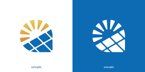 Creative Solar Pin Logo. Solar Panel and Pin Map Location Point Icon Graphic. Solar Location Logo Design Template. 