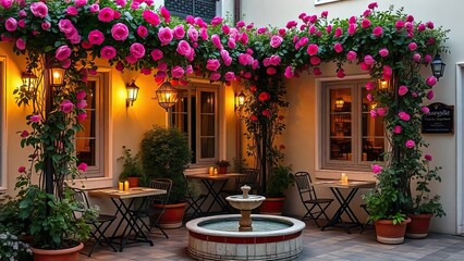 Naklejka premium Rose Garden Courtyard: A charming and romantic outdoor patio with lush rose bushes, twinkling lights, and a tranquil fountain. The perfect setting for a relaxing evening, romantic dinner.