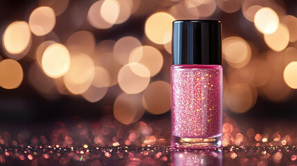 Small glass bottle of pink nails gel with black lid. golden glitter or sparkles inside. woman fingernail fashion and beauty treatment salon wallpaper background, manicure and pedicure, copy space.