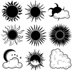 Collection of Black and White Sun and Cloud Icons
