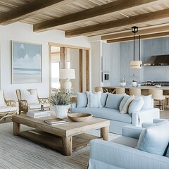 Elegant beach house interior with light blue walls and coastal decorations