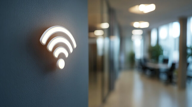 White glowing wi-fi on business office wall. empty interior at daytime. fast connection, technology and communication network, free public internet at work, technology security.