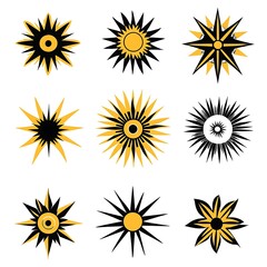 Set of Decorative Sun Icons in Black and Yellow