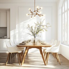 Minimalist dining room decor with elegant white chairs and eye catching chandelier