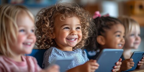 Enthusiastic young students are enjoying classroom activities through the use of digital tablets