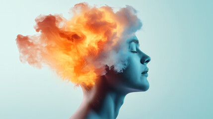 surreal portrait of woman with vibrant, fiery clouds emerging from her head, symbolizing creativity and imagination. contrasting colors create striking visual impact