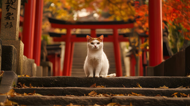 A Japanese bobtail cat sitting gracefully on the stone steps leading to a traditional Shinto shrine, surrounded by red torii gates and vibrant autumn foliage 