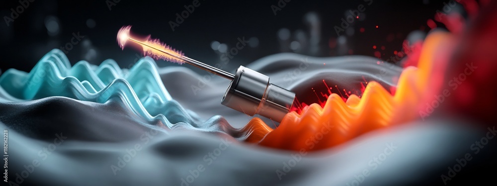 Poster of a vibrating tuning fork emitting waves of different frequencies creating a dynamic and abstract v