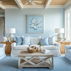 Ocean themed coastal living room with soft blue colors and wooden features