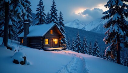 Fototapeta premium Snowy forest landscape with wooden cabin windows glowing softly in the dark, forest, glow, snowy
