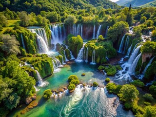 Naklejka premium Stunning Aerial View of Kravice Waterfalls, Bosnia and Herzegovina - Cascading Water and Lush Green Landscape