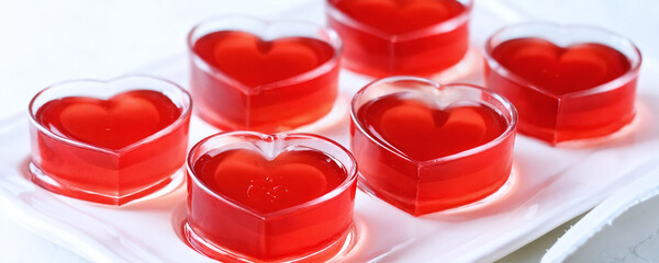 Heart-shaped jelly desserts arranged neatly on a white plate for a festive celebration. Valentine’s Day idea, date, engagement party, love party, eat, food