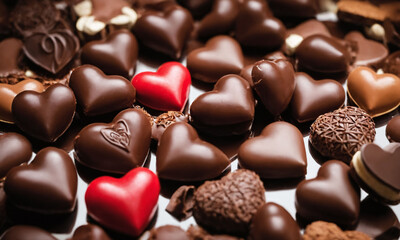 Fototapeta premium Assorted heart-shaped chocolates displayed for a festive celebration during Valentine's Day. Valentine’s Day idea, date, engagement party, love party, eat, food