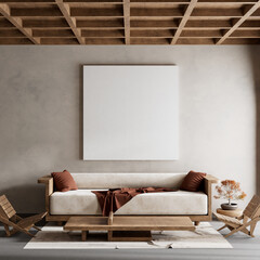 Japandi style interior design with wooden furnitures and raw materials. Mocuk up poster frame in  Japandi style interior. 3D illustration