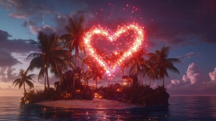 Tropical Island Fireworks Heart Display Over Palm Trees at Sunset
