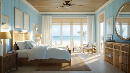 Serene coastal bedroom with ocean view beach inspired interior decor