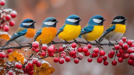 Fototapeta premium Cute 3D Blender canaries adorned with small collars, engaging with each other on a lively birdhouse, viewed from a perspective angle, with a colorful backdrop