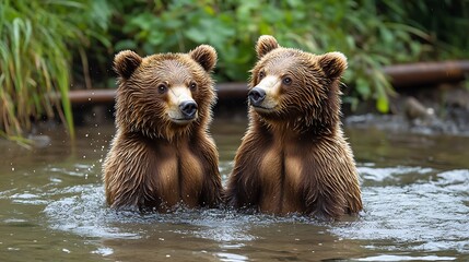 Obraz premium Two Adorable Brown Bear Cubs Playing in a River