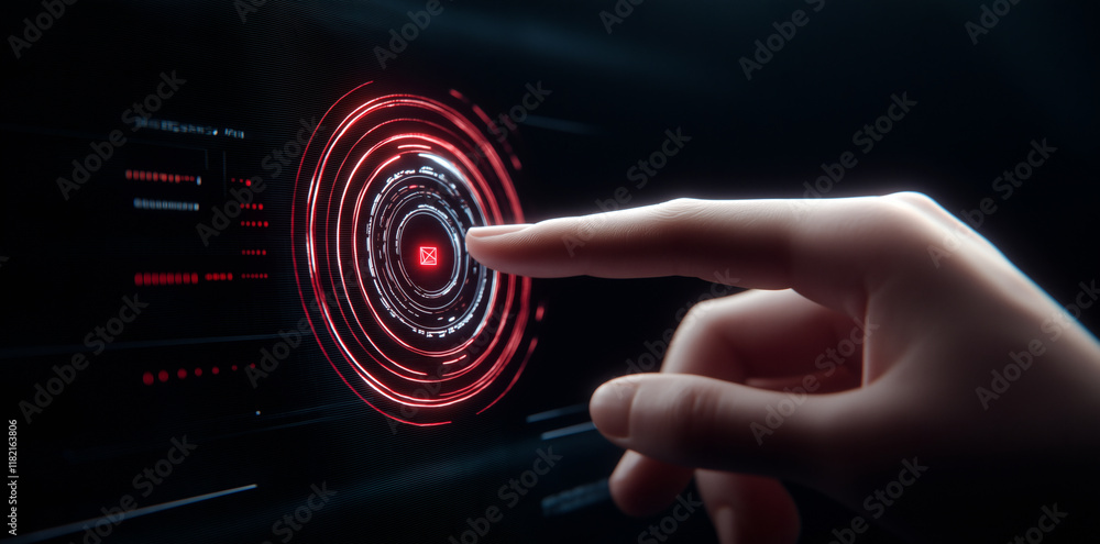 Aufkleber hand touching virtual screen with glowing red interface elements, showcasing technology and interact