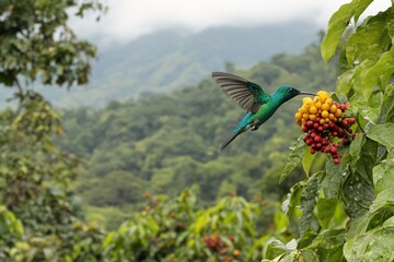 Obraz premium Vibrant Hummingbird Approaching Colorful Fruits in Lush Tropical Landscape