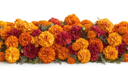 Orange and red marigolds border isolated on white.