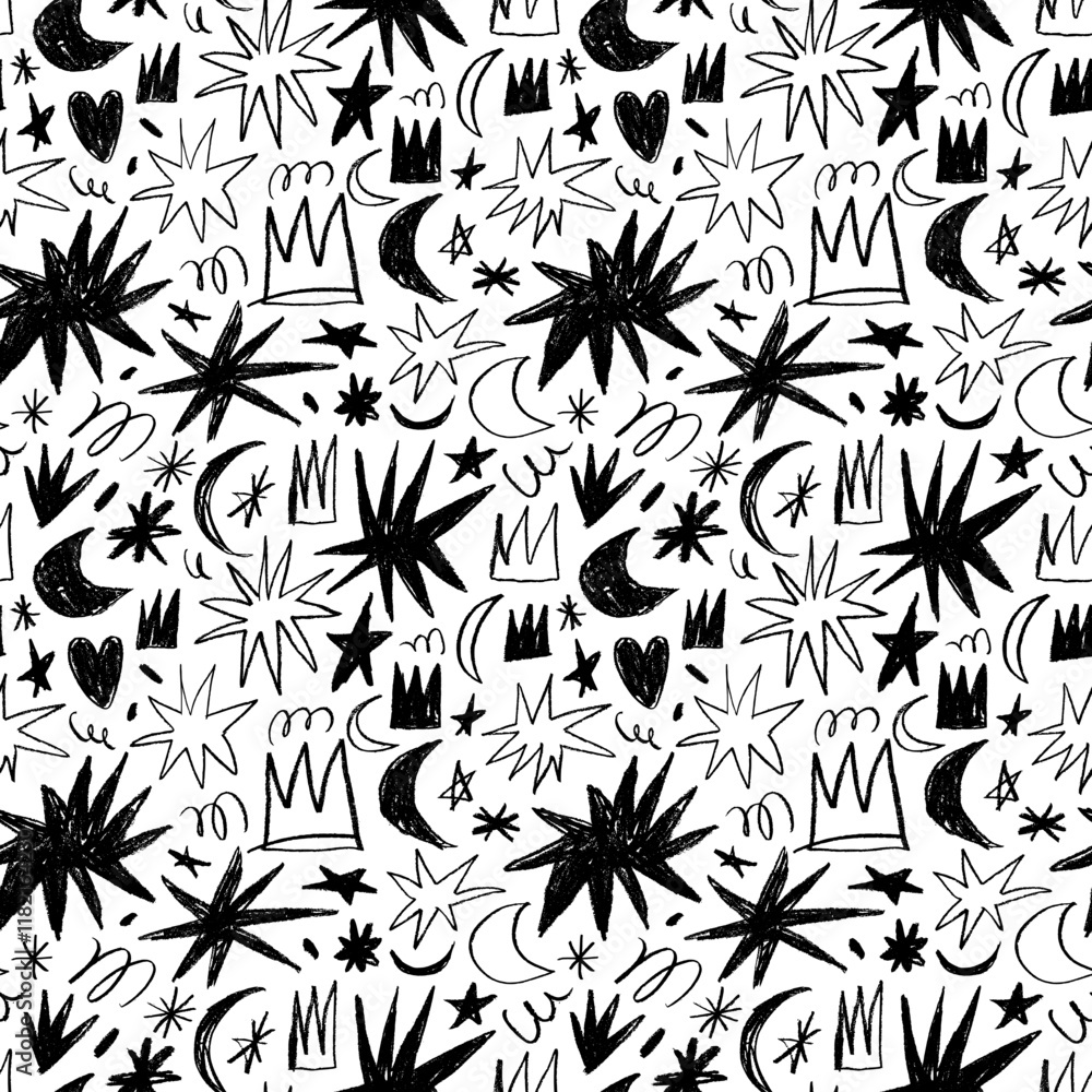 Poster naive style childish vector seamless pattern with stars, crowns and squiggles.