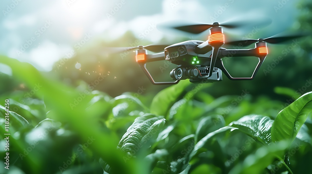 Poster aerial view of iot powered farming drones equipped with sensors and via 5g network to enable precisi