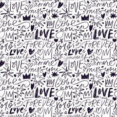 Funky romantic seamless pattern with love words, hearts, crowns and squiggles.