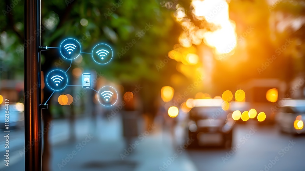 Poster iot enabled street furniture harnessing 5g for smarter connected urban environments blurred sunset c
