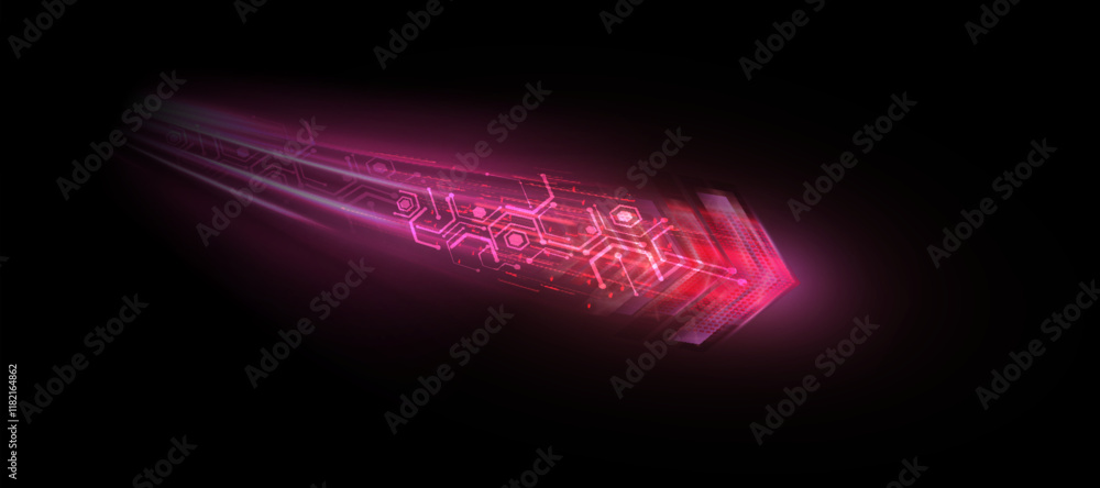 Poster Glowing Arrow. Dynamic glowing directional light with flickering red light effect for technology design and effects in games and web design.