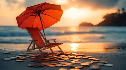 A retirement plan concept showing a beach chair and coins, symbolizing leisure after savings.