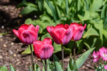 Fototapeta premium Vibrant Pink Tulips Surrounded by Lush Green Leaves in a Sunny Garden Setting