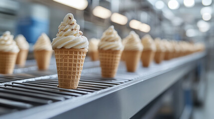 Creamy soft serve cones on a production line ready for packing in a dessert facility