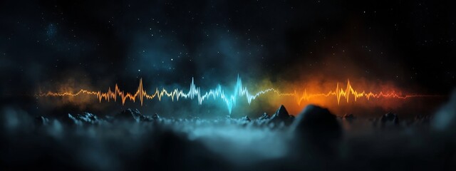 Vibrant Visualization of Radio Wave Propagation Through Space   A dynamic and colorful 3D rendered depicting the transmission and oscillation of electromagnetic radio frequencies across a dark