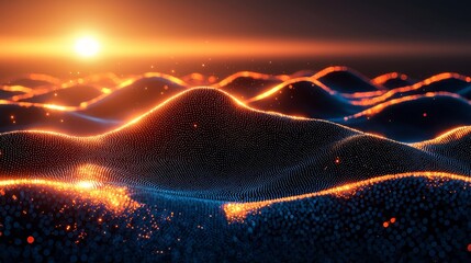 A collection of blue and black abstract digital waves with white dots that glow