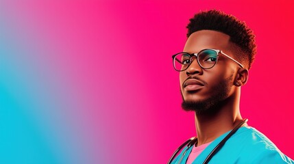 Male Nurse in Scrubs on Colorful Gradient Background with Stethoscope Focused on Healthcare and Professionalism