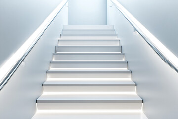 Fototapeta premium Clean contemporary staircase with white steps and a glass railing - perfect for modern and minimalist designs