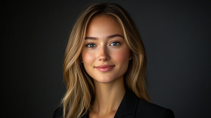 Fototapeta premium Portrait of a young woman with natural makeup and loose hair against a dark background