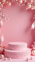 A delicate, lace-edged lectern on a pastel pink background filled with pearl ornaments and ribbons, round podium, lace