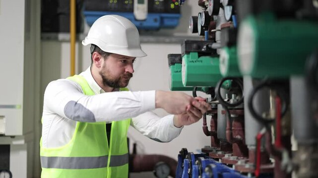Serious bearded man in work helmet and uniform using wrench while examining heating system equipment in boiler room.