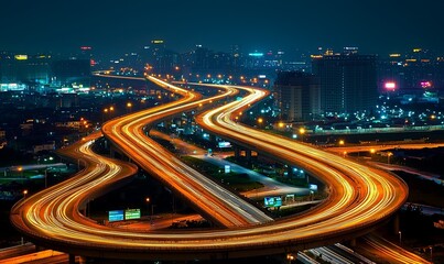 Elevated highway with light trails at night, city skyline background.