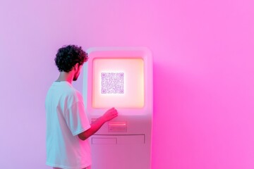 Futuristic Interaction Man Scanning QR Code at Neon Digital Kiosk