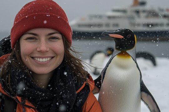 A cheerful girl wearing a red beanie is playfully engaging with a penguin in a snowy park during winter - Powered by Adobe