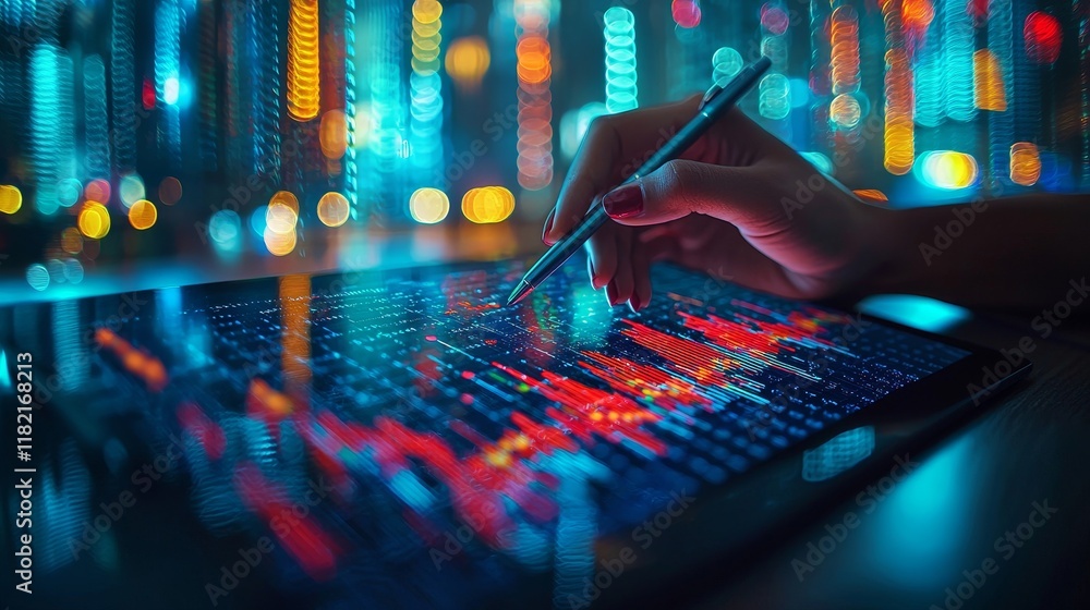 Aufkleber an individual explores a high-tech touchscreen monitor, studying data and visuals with a stylus